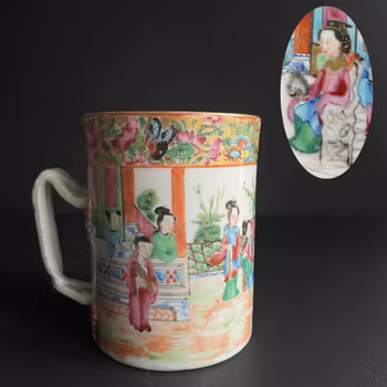 Antique Chinese Rose Mandarin Export Porcelain Tankard / Jug 19th Century #1295