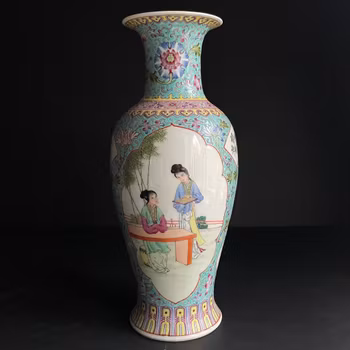Vintage turquoise ground Chinese famille rose vase 1960-1970's #1296