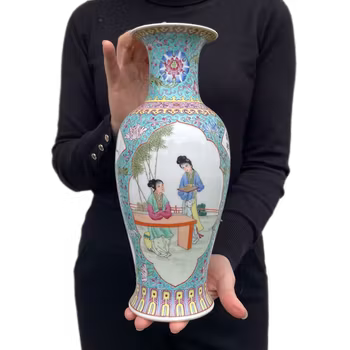 Vintage turquoise ground Chinese famille rose vase 1960-1970's #1296