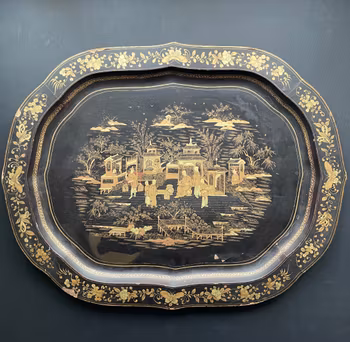 Antique Chinese Large Black Lacquered export Tray Hand Painted 19th c #1309