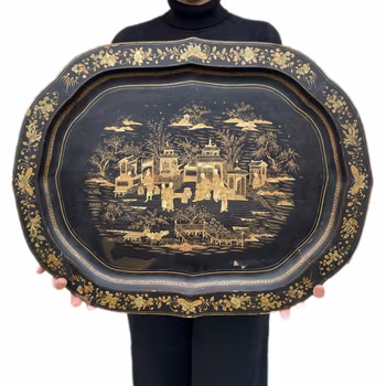 Antique Chinese Large Black Lacquered export Tray Hand Painted 19th c #1309