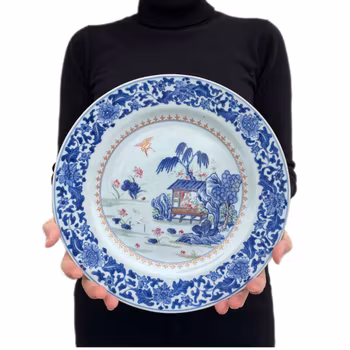 Antique Chinese underglazed blue charger with famille rose, 18th c, Qing #1308