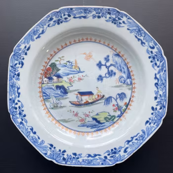 Antique Chinese underglazed blue plate with Famille Rose, Qianlong, Qing #1306