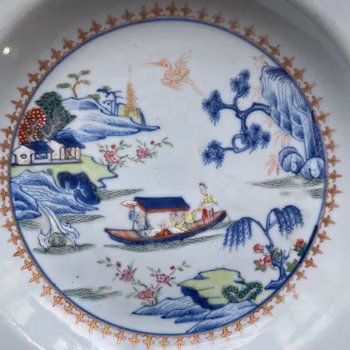 Antique Chinese underglazed blue plate with Famille Rose, Qianlong, Qing #1306