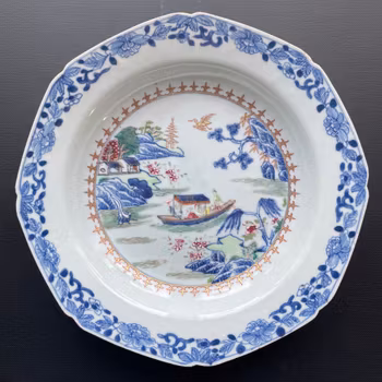 Antique Chinese underglazed blue plate with Famille Rose, Qianlong, Qing #1307