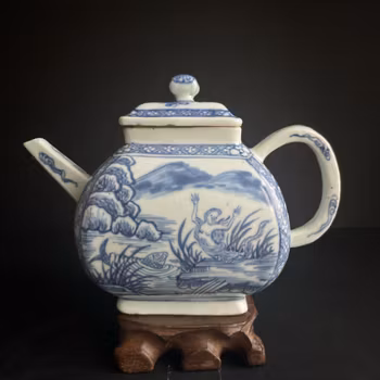 Antique Chinese square blue and white teapot, Mermaid decor, Kangxi, 18th c #1345