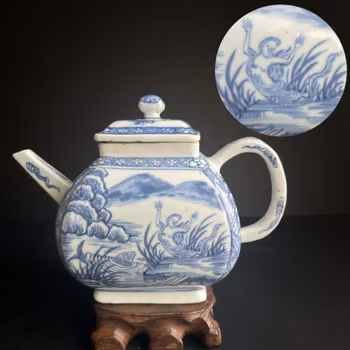 Antique Chinese square blue and white teapot, Mermaid decor, Kangxi, 18th c #1345