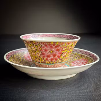 Antique Chinese famille rose teacup and saucer, Yongzheng Period #1350