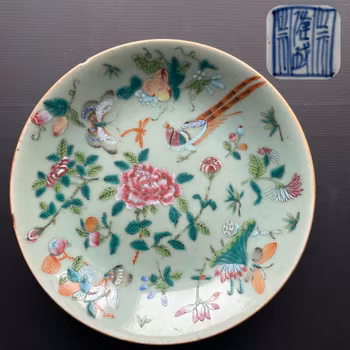 Antique Chinese celadon plate canton butterfly, 19th c, #1356
