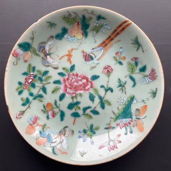 Antique Chinese celadon plate canton butterfly, 19th c, #1356