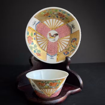 Antique Chinese famille rose teacup and saucer, Yongzheng Period #1382