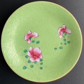 Antique Chinese green scraffito ground dish with flowers Jiaqing M&P #1385