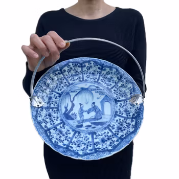 Antique Chinese blue and white plate with silver handle, Kangxi period #1473
