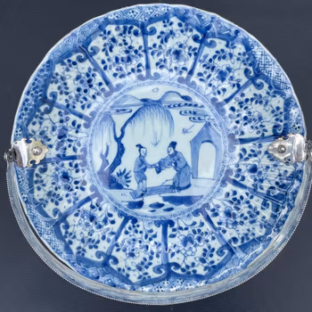 Antique Chinese blue and white plate with silver handle, Kangxi period #1473