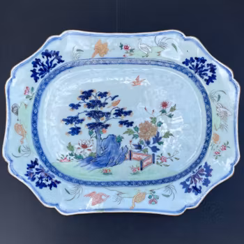 Chinese underglazed blue and white famille rose platter, 18th c Qianlong #1490