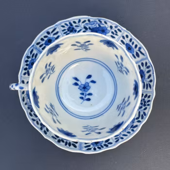 Chinese teacup & saucer in underglazed blue and white, Late Qing Dynasty #1498