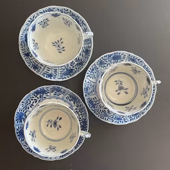 Chinese teacup & saucer in underglazed blue and white, Late Qing Dynasty #1499, 1500, 1501
