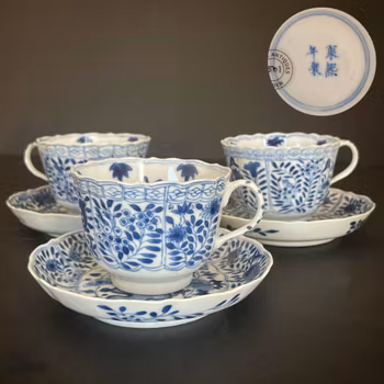 Chinese teacup & saucer in underglazed blue and white, Late Qing Dynasty #1499, 1500, 1501