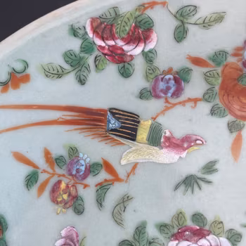 Chinese antique celadon canton butterfly plate, 19th c #1569