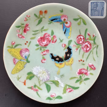 Chinese antique celadon canton butterfly plate, 19th c #1551