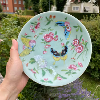 Chinese antique celadon canton butterfly plate, 19th c #1551