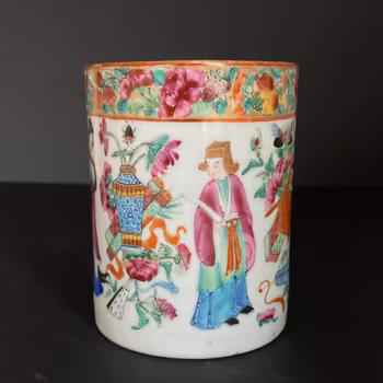 Chinese antique rose mandarin tankard cup, Qing Dynasty Mid 19th c #1579
