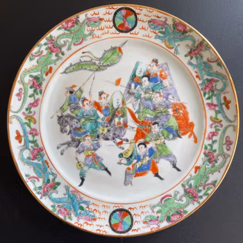 Chinese antique plate with warriors and horses, mid 19th c #1592