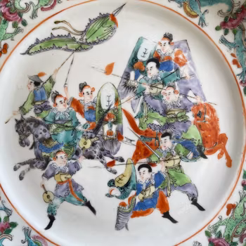 Chinese antique plate with warriors and horses, mid 19th c #1592