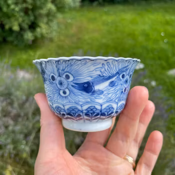 Chinese antique teacup and saucer decorated in underglazed blue with fishes and crabs, Kangxi Revival #1595
