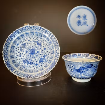 Chinese antique teacup and saucer decorated in underglazed blue with fishes and crabs, Kangxi Revival #1593