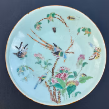 Chinese antique celadon canton butterfly plate, 19th c #1621