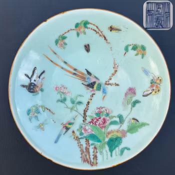 Chinese antique celadon canton butterfly plate, 19th c #1621