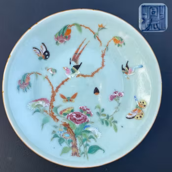 Chinese antique celadon canton butterfly plate, 19th c #1622