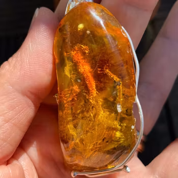 Natural amber pendant with silver unique design fascinating inclusion 21g