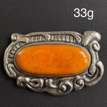 Antique Silver Brooch With Amber From Denmark 1893-1936 Art Nouveau 33g Big