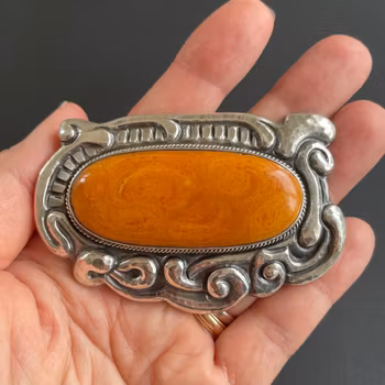 Antique Silver Brooch With Amber From Denmark 1893-1936 Art Nouveau 33g Big