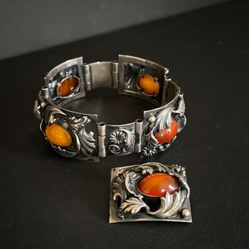 Natural Amber Antique bracelet bangle brooch sterling silver danish design 60g #2373