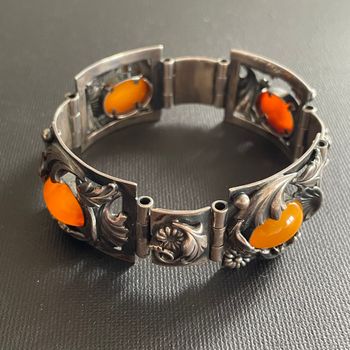 Natural Amber Antique bracelet bangle brooch sterling silver danish design 60g #2373