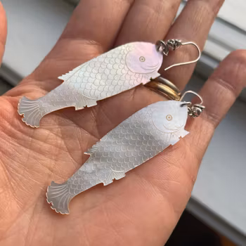 Unique design earrings with antique Chinese mother of pearl gaming counters chips tokens #1661