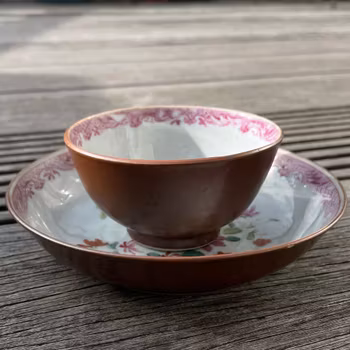 Chinese Antique Porcelain teacup + saucer, Batavia Brown, Famille Rose 18c #1667