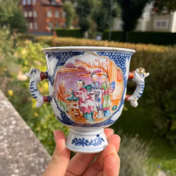 Chinese Antique Rose Mandarin Cup With Double Handles , Rare! 18c #1668