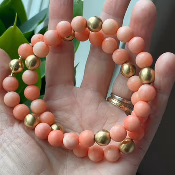 10mm Genuine Natural Round Pink Coral Bead Solid 18k Yellow Gold Necklace 65g