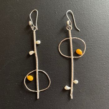 Unique design handmade sterling silver earrings with pearls and amber #1680