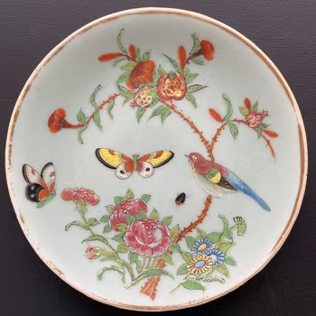 Chinese antique celadon canton butterfly and bird plate, 19th c #1707