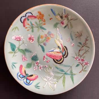 Chinese antique celadon canton butterfly plate, 19th c #1729