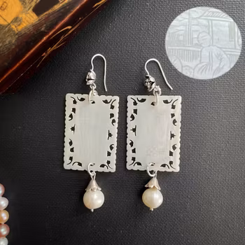 Unique earrings Chinese antique mother of pearl gaming counters chips tokens
