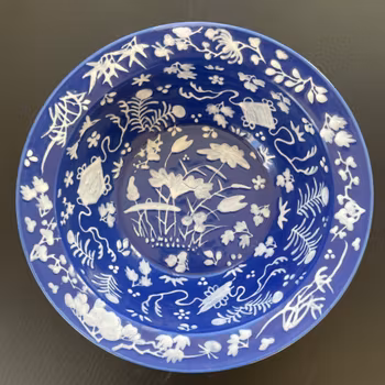 Chinese Antique powder blue, slip decorated porcelain basin & handwash, #1836