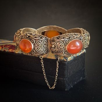 Chinese filigree handmade gilded sterling silver bracelet natural agate 53g 60's