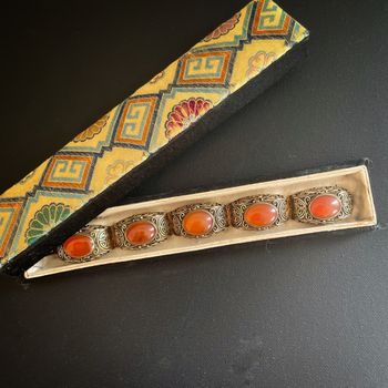 Chinese filigree handmade gilded sterling silver bracelet natural agate 53g 60's