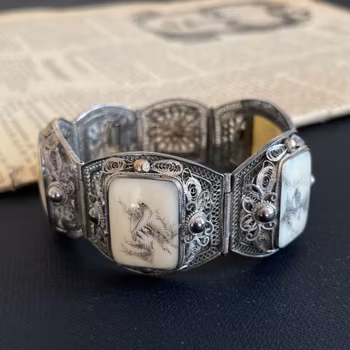 Chinese Antique handmade silver filigree bracelet with paintings republic period
